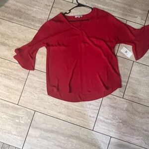 Chaus Red Asymmetrical Ruffled Bell Sleeve Blouse